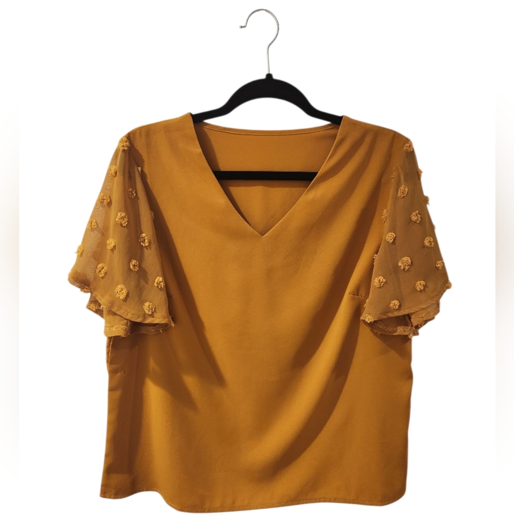 SHEIN Mustard V-Neck Blouse with Embroidered Sleeves